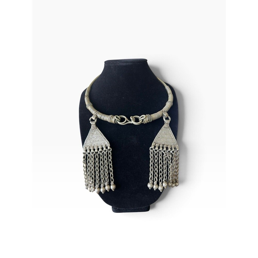 Vintage Indian Banjara Tribe Hasli Necklace Silver Tone Tassel Fringe Tribal
